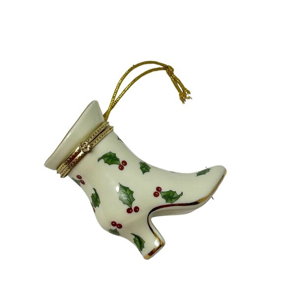 Porcelain Victorian‎ Shoe Christmas Ornament & Trinket Box with Holly & Berries - Picture 6 of 8
